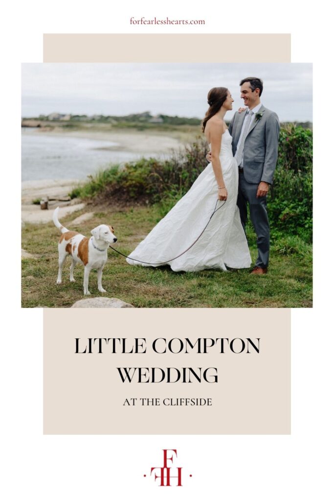 Bride and groom smiling at each other as bride holds dog's leash; image overlaid with text that reads Little Compton Wedding at the Cliffside