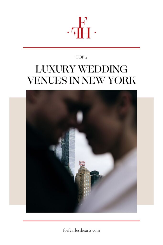 Couple leaning in for a kiss with view of New York building behind them; image overlaid with text that reads Top 4 Luxury Wedding Venues in New York