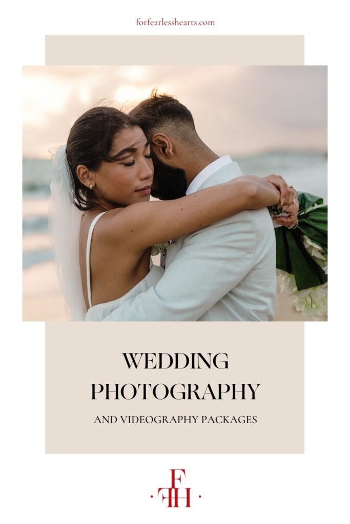 Newlywed couple sharing an embrace during their wedding shoot with For Fearless Hearts; image overlaid with text that reads Wedding Photography and Videography Packages
