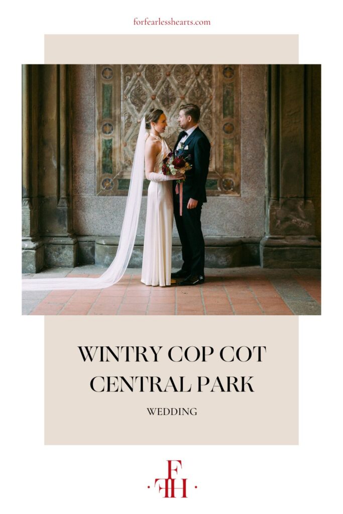 Bride and groom smiling at each other during their wedding shoot with For Fearless Hearts; image overlaid with text that reads Wintry Cop Cot Central Park Wedding