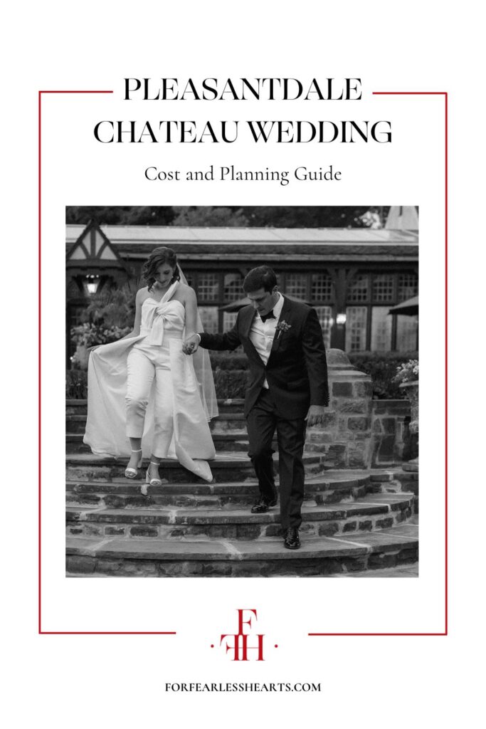 Black and white photo of couple descending the stairs together; image overlaid with text that reads Pleasantdale Chateau Wedding Cost and Planning Guide
