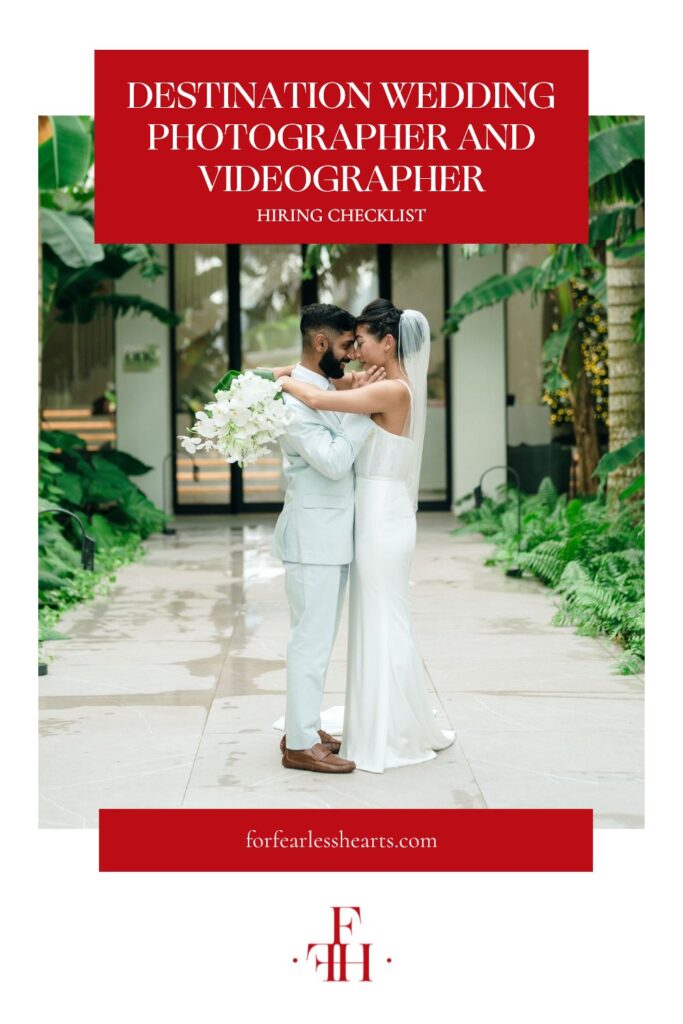 Bride and groom wrapping their arms around each other at resort; image overlaid with text that reads Destination Wedding Photographer and Videographer Hiring Checklist